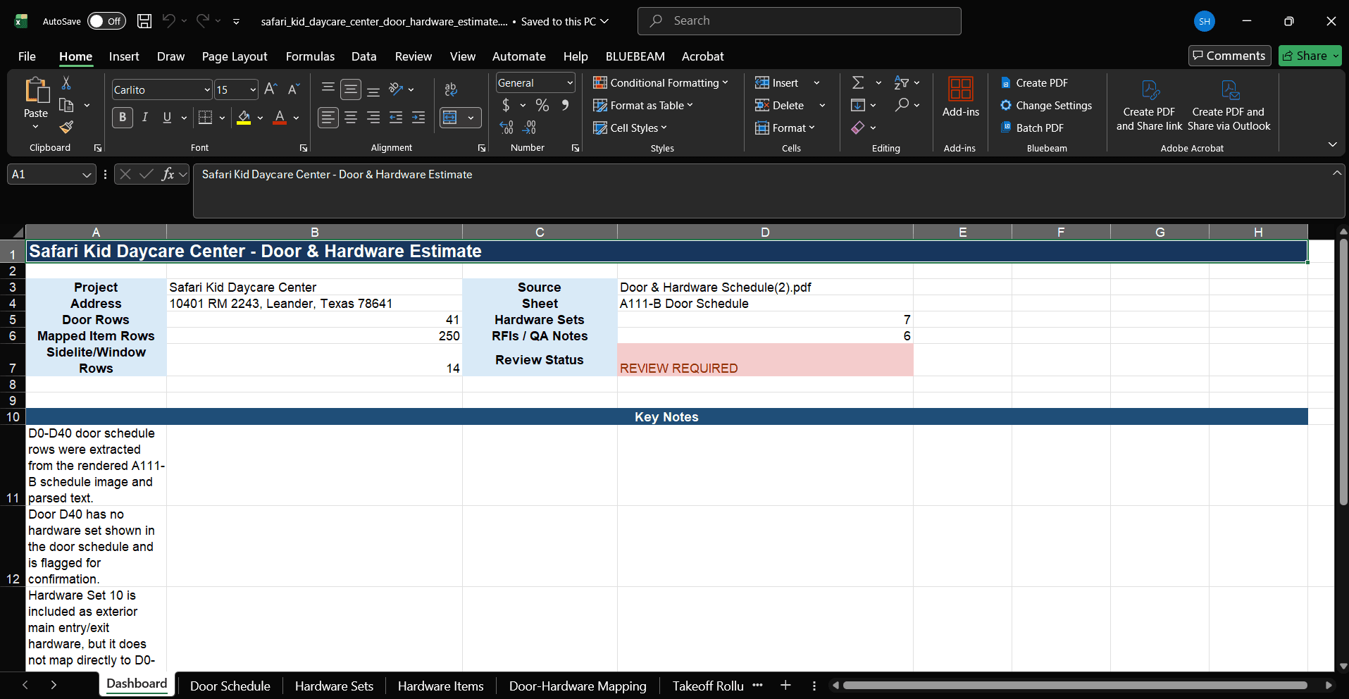FastBid24 Excel deliverable: door and hardware estimate workbook with dashboard, door schedule, hardware sets, mapping, and takeoff rollup tabs
