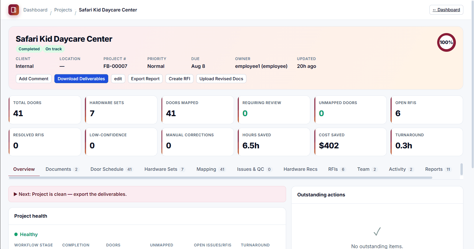 FastBid24 project view showing 41 doors mapped, 7 hardware sets, RFIs, review status, and project health